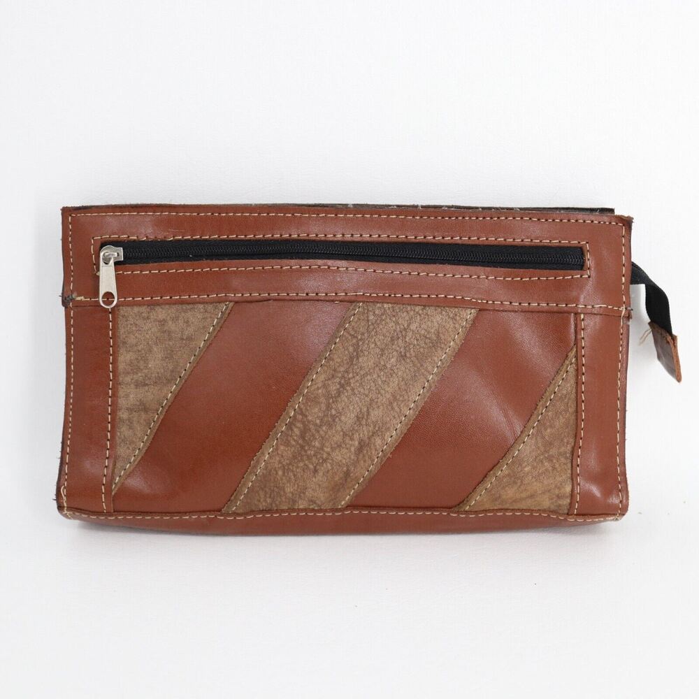 Vintage Clutch Handbag Women Brown Faux Leather Suede Striped Purse Bag